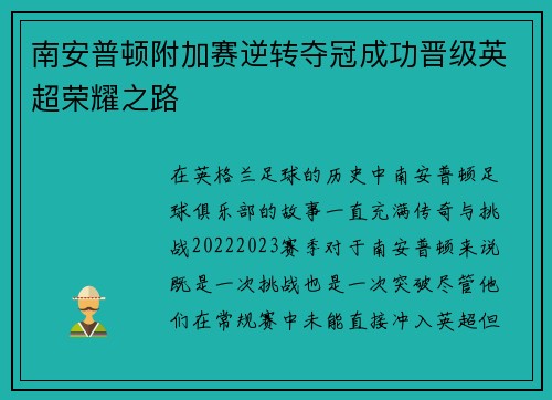 南安普顿附加赛逆转夺冠成功晋级英超荣耀之路